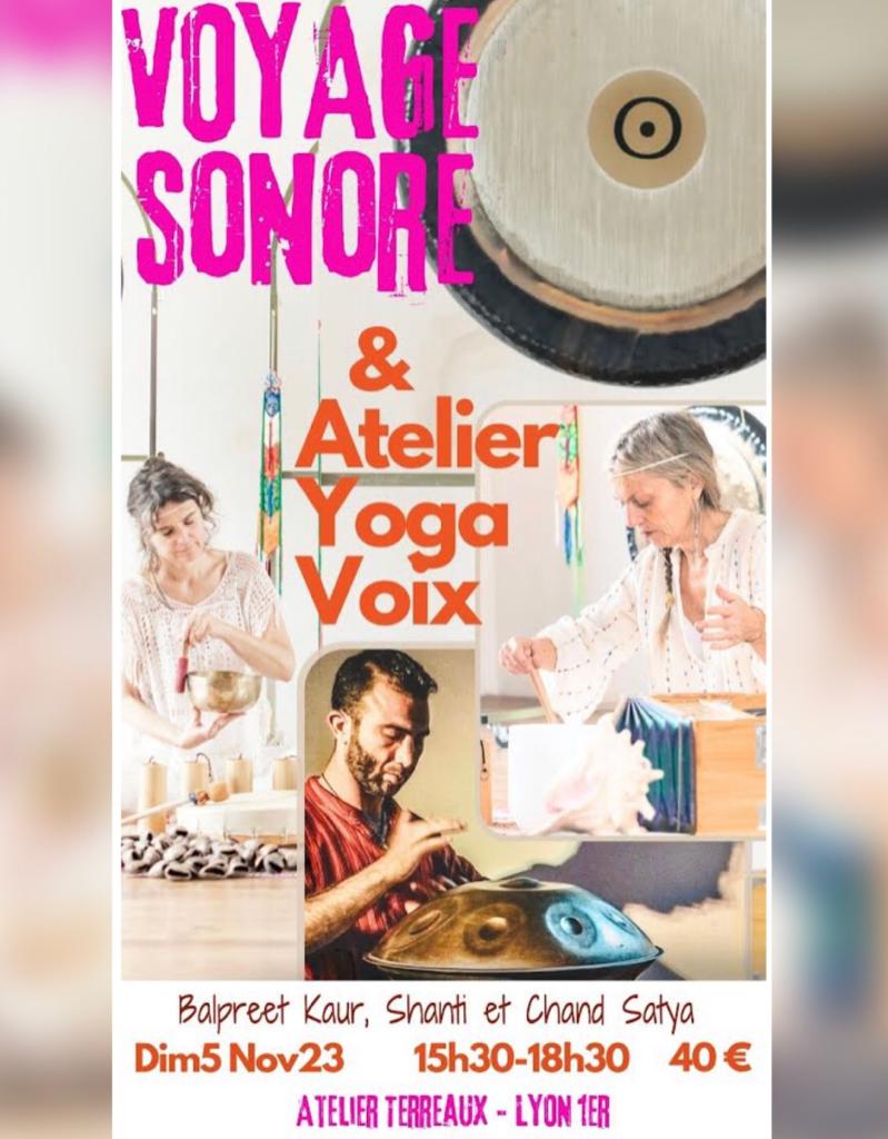 Flyer de notre atelier kundalini yoga et voyage sonore, bain de gong et handpan le 6 novembre 2023 à Lyon