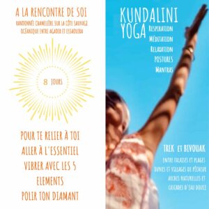 Verso du flyer du trek et Kundalini Yoga au mAROC en août 2025